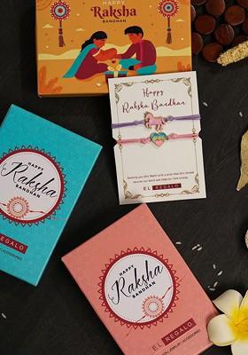 Boys Set Of 2 Heart And Unicorn Rakhis With Roli Chawal And Greeting Card