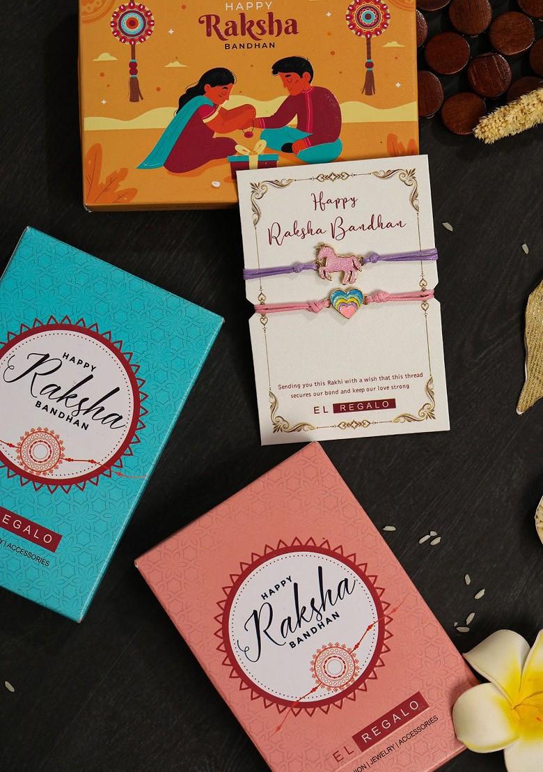 Boys Set Of 2 Heart And Unicorn Rakhis With Roli Chawal And Greeting Card - Indya