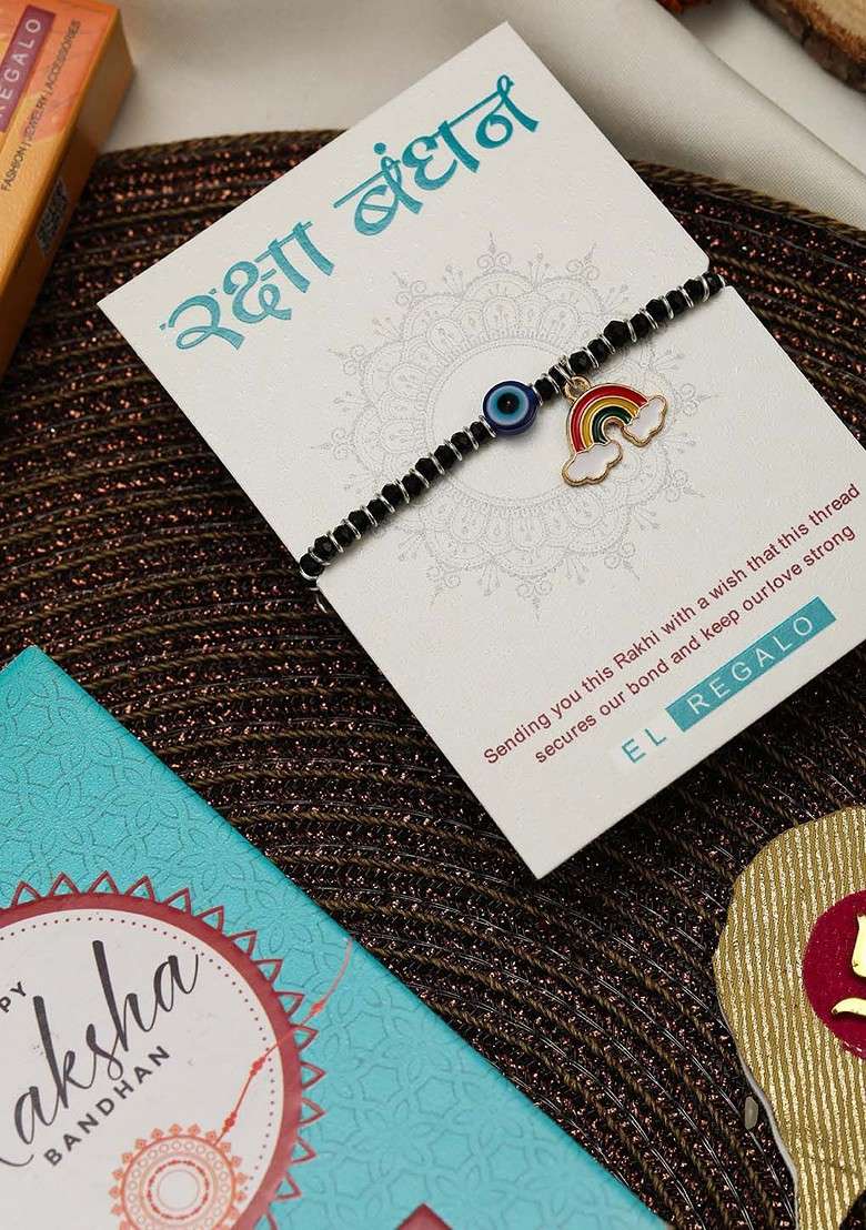 Kids Evil Eye And Rainbow Charm Rakhi With Roli Chawl And Greeting Card - Indya