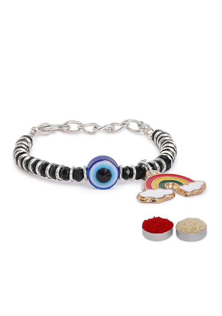 Kids Evil Eye And Rainbow Charm Rakhi With Roli Chawl And Greeting Card - Indya