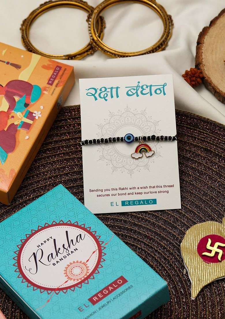 Kids Evil Eye And Rainbow Charm Rakhi With Roli Chawl And Greeting Card - Indya