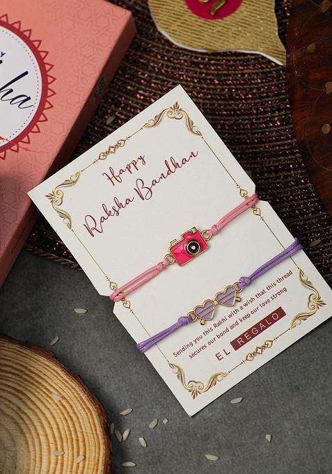 Pink Boys Set Of 2 Camera And Heart Design Thread Rakhis Gift Set Box
