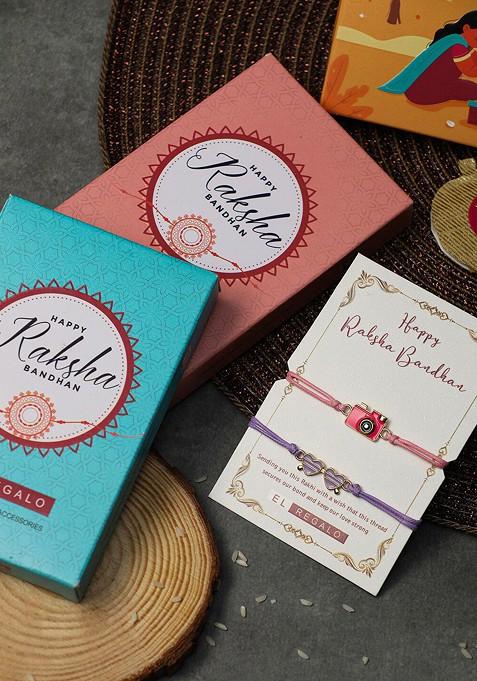 Pink Set Of 2 Camera And Heart Design Thread Rakhi Gift Set Box