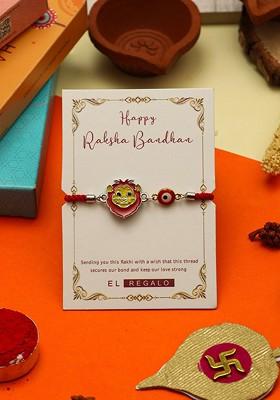 Red Boys Lion Design Charm Thread Rakhi With Roli Chawal And Greeting Card