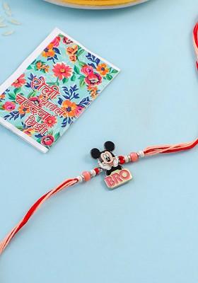 Red Kids Micky Mouse Character Artificial Beads Thread Rakhi With Roli Chawal Chandan
