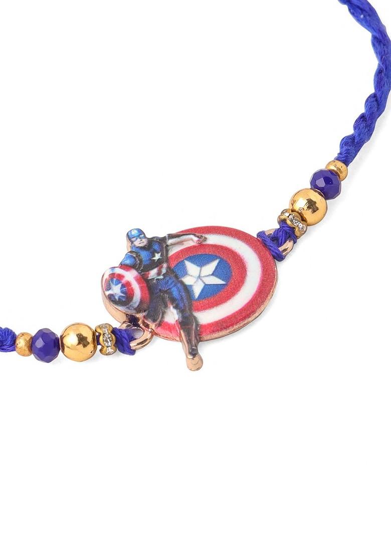 Blue Kids Superhero Blue Artificial Beads Thread Rakhi With Roli Chawal Chandan And Mishri - Indya