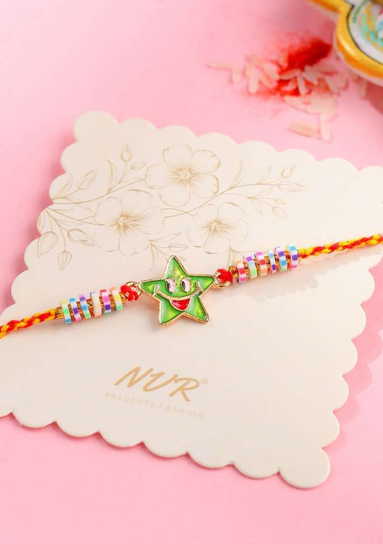 Red Kids Star Shape Multicolor Thread Rakhi With Roli Chawal Chandan And Mishri - Indya