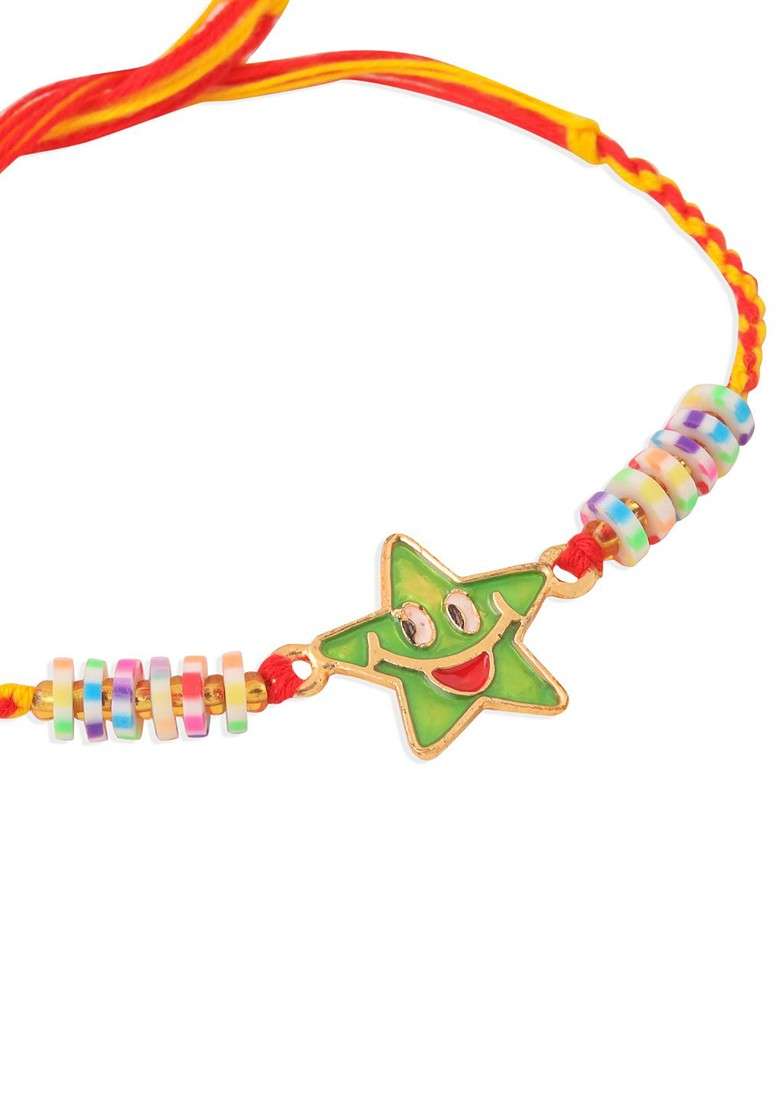 Red Kids Star Shape Multicolor Thread Rakhi With Roli Chawal Chandan And Mishri - Indya