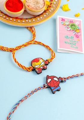 Red Kids Set Of 2 Cute Cartoon Superhero Thread Rakhi With Roli Chawal Chandan And Mishri