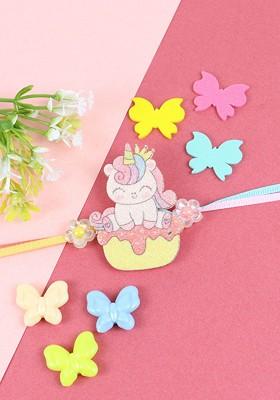 Pink Unicorn Thread Rakhi With Roli Chawal