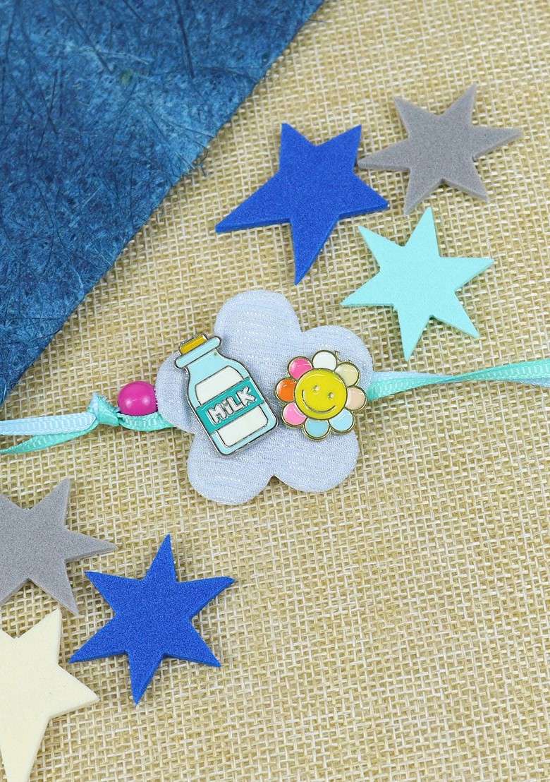 Blue Infant Boys Smiley Milk Bottle Thread Rakhi With Roli Chawal - Indya