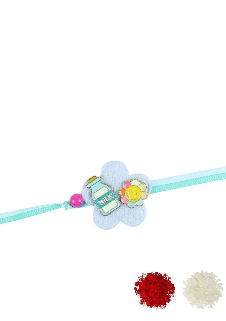 Blue Infant Boys Smiley Milk Bottle Thread Rakhi With Roli Chawal - Indya