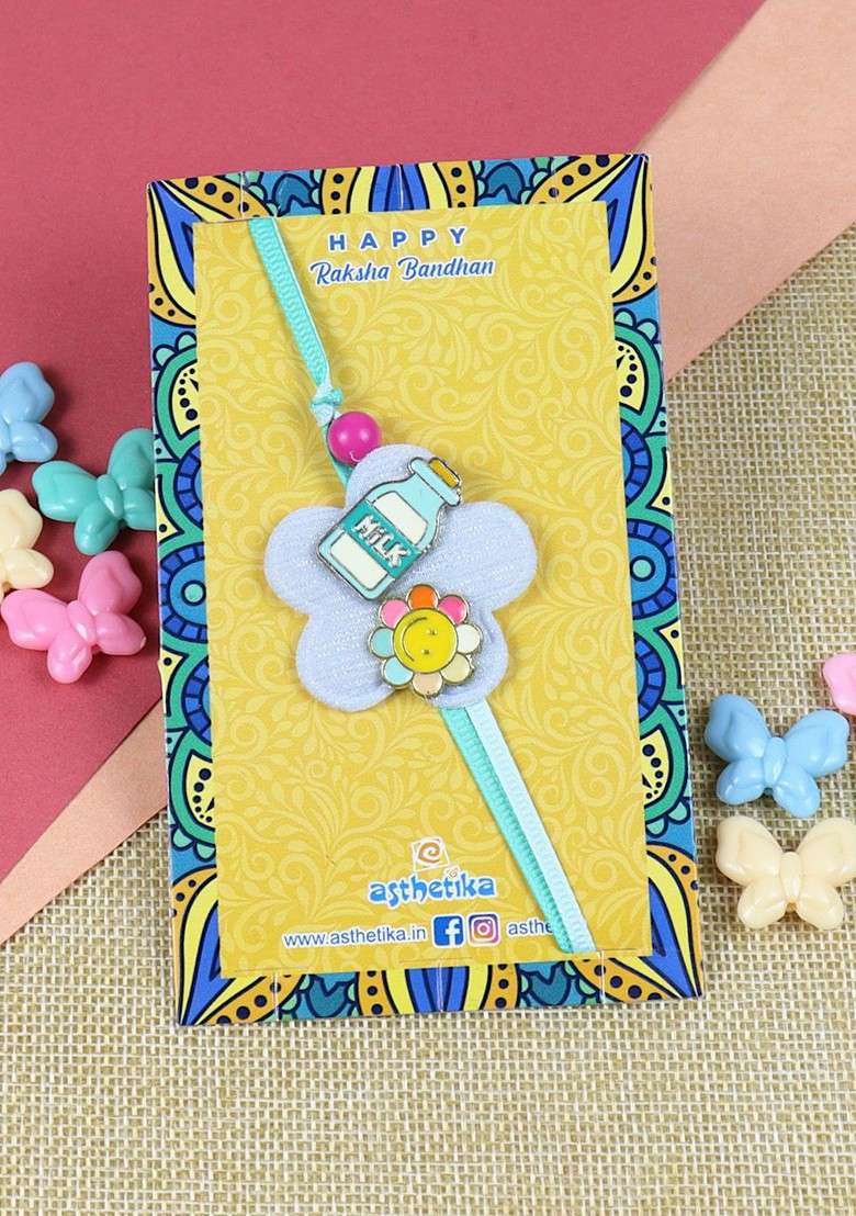 Blue Infant Boys Smiley Milk Bottle Thread Rakhi With Roli Chawal - Indya