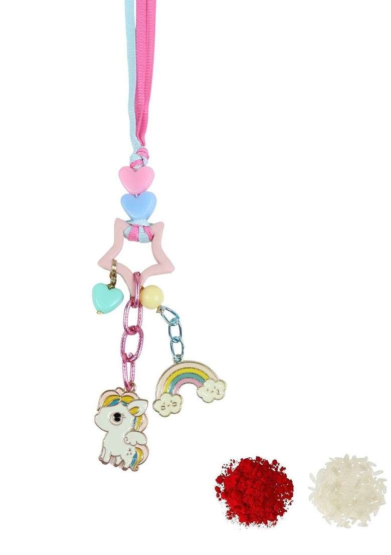 Silver Unicorn Star Rainbow Lumba Thread Rakhi With Roli Chawal - Indya