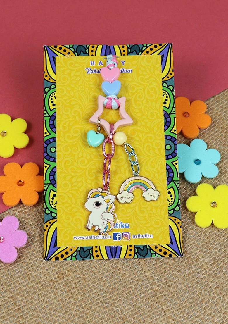 Silver Unicorn Star Rainbow Lumba Thread Rakhi With Roli Chawal - Indya