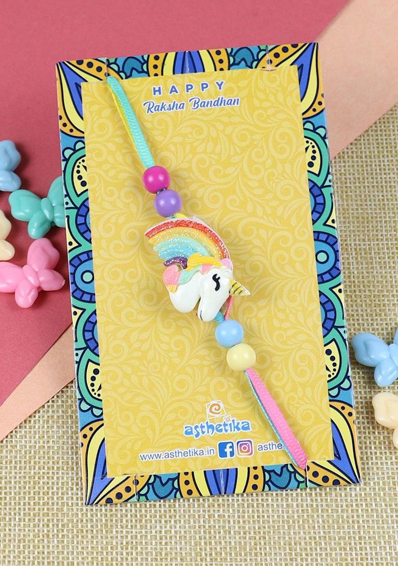 Blue Boys Unicorn Icecream Rainbow Thread Rakhi With Roli Chawal - Indya