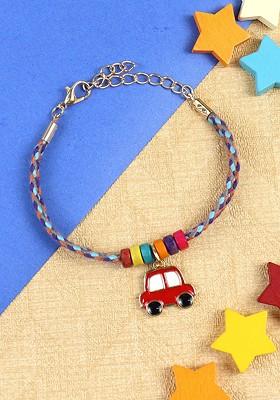 Car Weaved Kids Wraparound Bracelet Rakhi With Roli Chawal