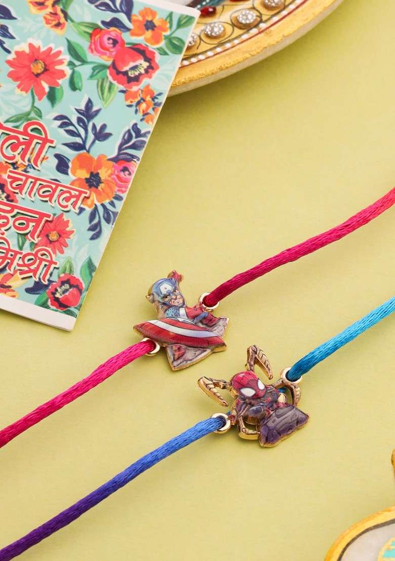 Purple Kids Set Of 2 Cartoon Character Purple And Red Thread Rakhi With Roli Chawal Chandan - Indya
