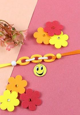 Yellow Smiley Hanging Charm Thread Rakhi With Roli Chawal