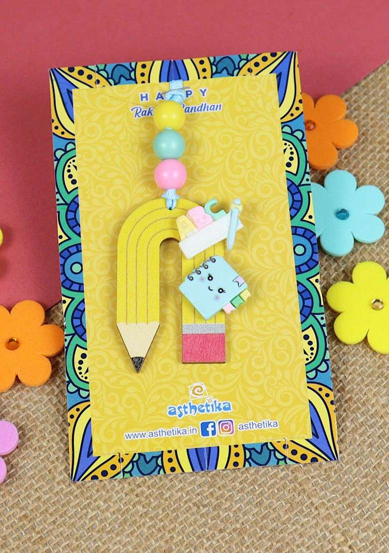 Yellow Pencil Lumba Thread Rakhi With Roli Chawal - Indya