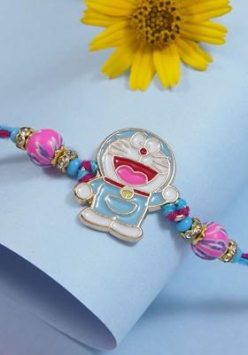 White Boys Doraemon Thread Rakhi With Roli Chawal And Greeting Card