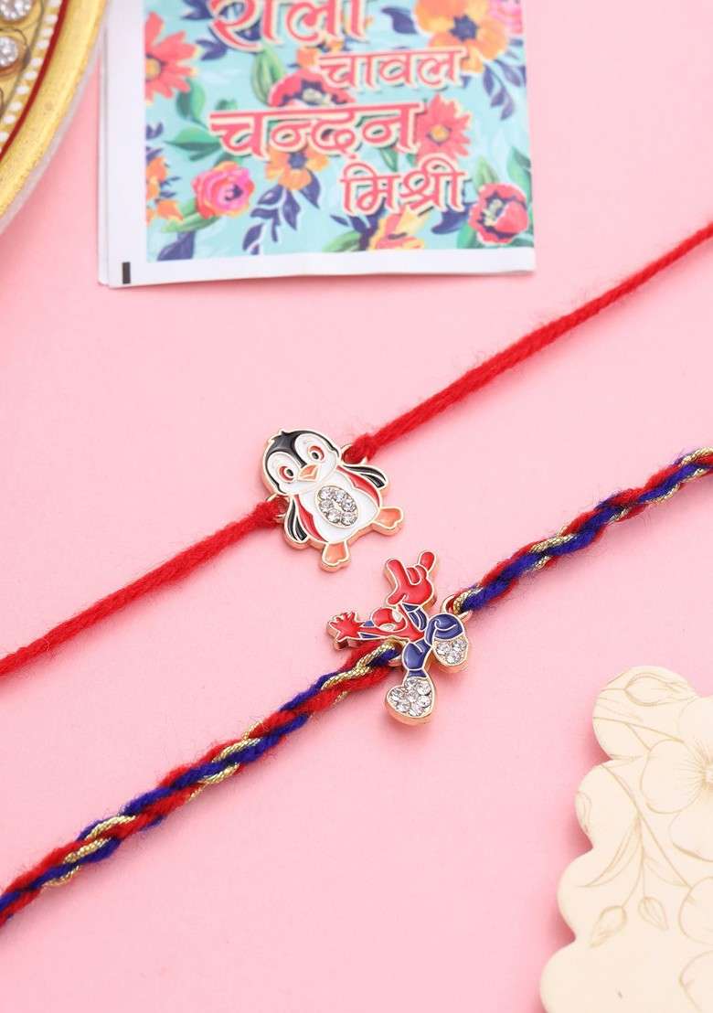 Blue Kids Set Of 2 Cartoon Character Blue And Red Thread Rakhi With Roli Chawal Chandan - Indya