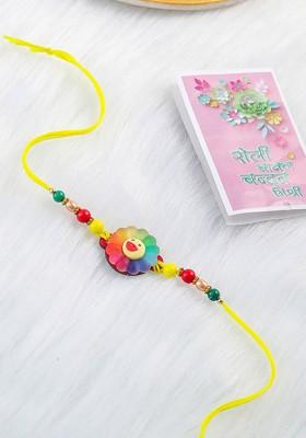 Kids Multicolor Artificial Beads Rakhi With Roli Chawal Chandan And Mishri