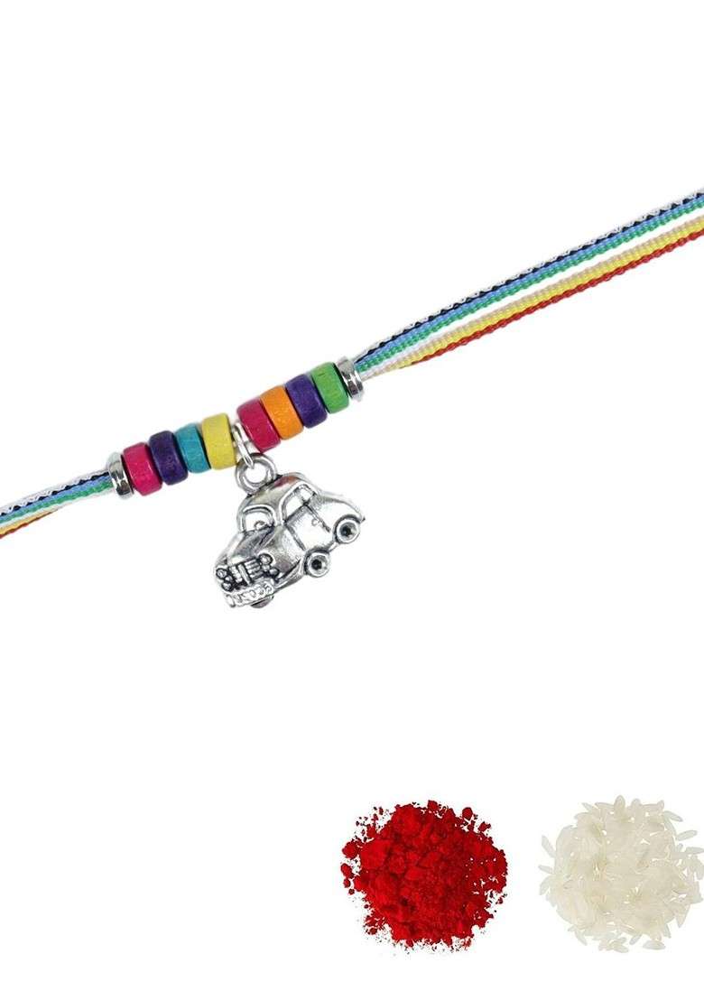 Blue Boys Car Hanging Charm Thread Rakhi With Roli Chawal - Indya