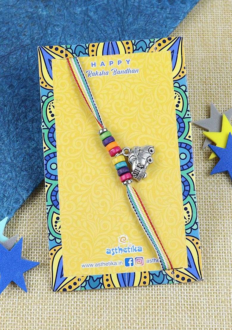 Blue Boys Car Hanging Charm Thread Rakhi With Roli Chawal - Indya