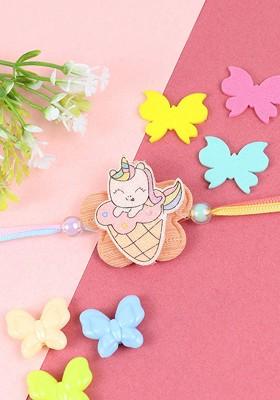 Pink Boys Unicorn Icecream Rainbow Thread Rakhi With Roli Chawal