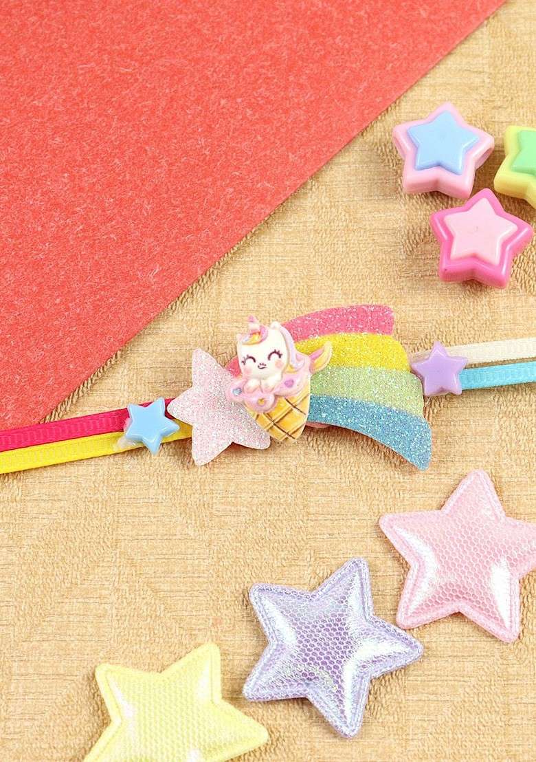 Unicorn On Rainbow Kids Thread Bracelet Rakhi With Roli Chawal - Indya