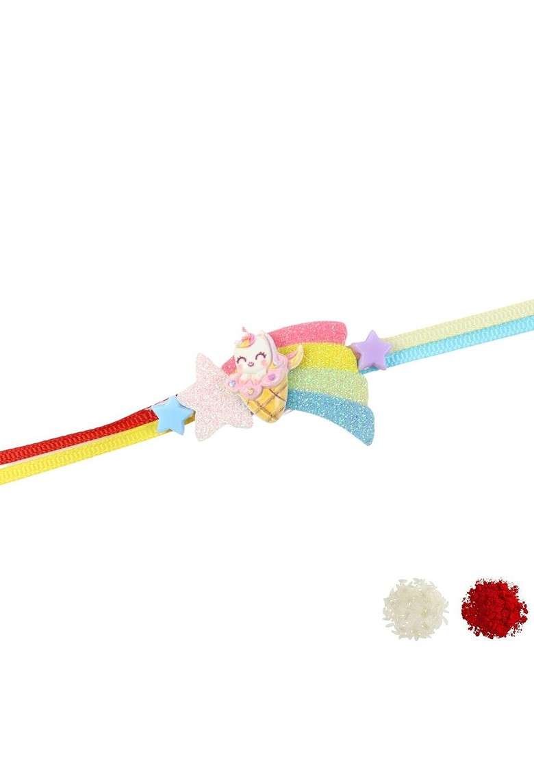 Unicorn On Rainbow Kids Thread Bracelet Rakhi With Roli Chawal - Indya