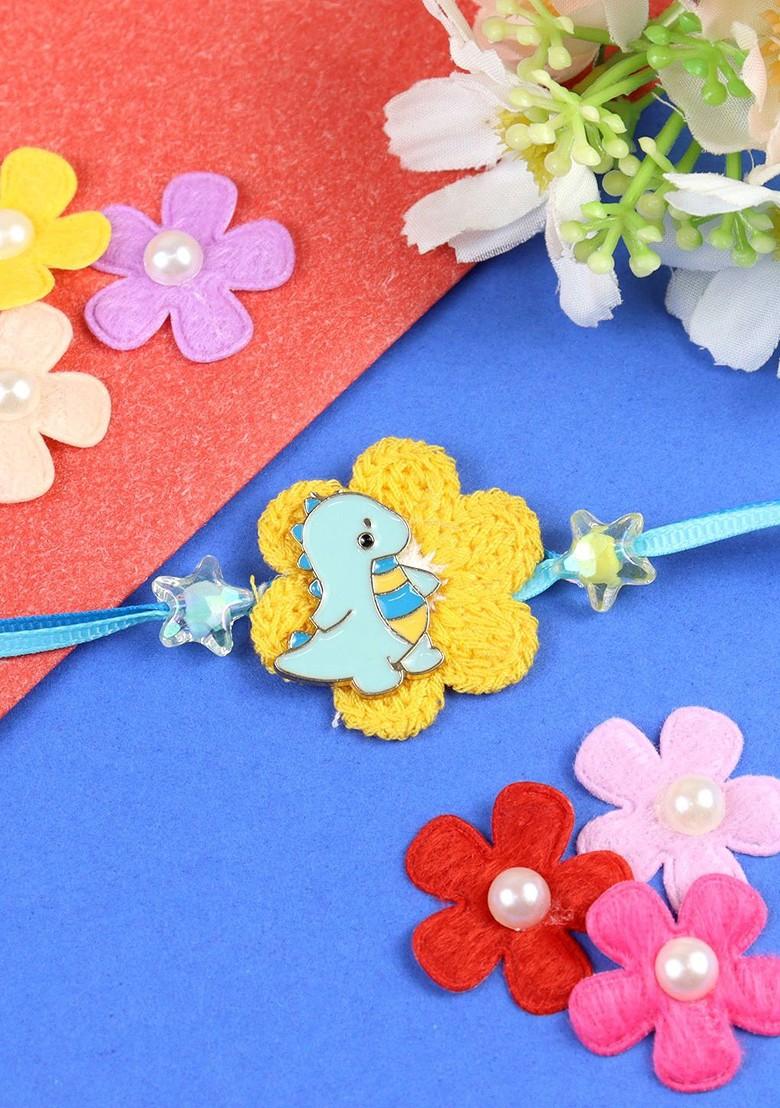 Dinousaur Crochet Kids Thread Bracelet Rakhi With Roli Chawal - Indya