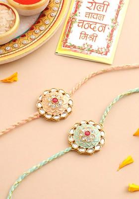 Set Of 2 Peach And Green Kundan Studded Bhaiya Bhabhi Rakhi With Roli Chawal