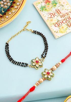 Set Of 2 Gold Toned Kundan Studded Floral Bhaiya Bhabhi Rakhi With Roli Chawal