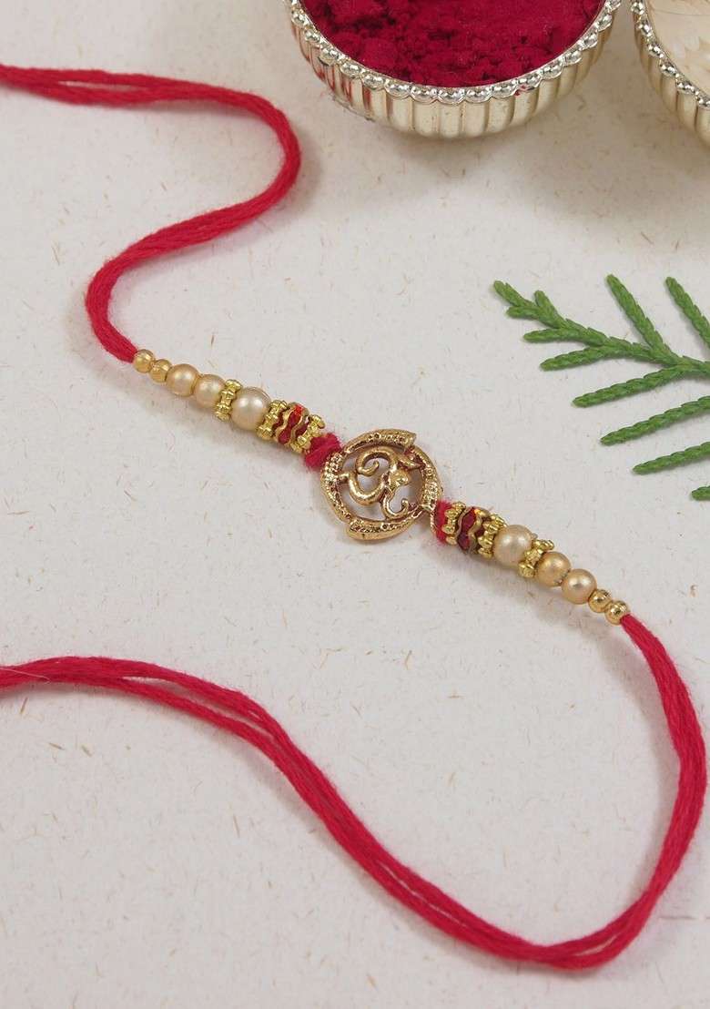 Om Beaded Thread Rakhi With Roli Chawal And Rakshabandhan Card - Indya