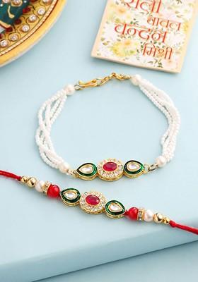 Set Of 2 Multicolor Oval Kundan Studded Bhaiya Bhabhi Rakhi With Roli Chawal