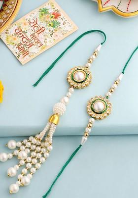 Set Of 2 White And Green Stone Studded Bhaiya Bhabhi Rakhi With Roli Chawal