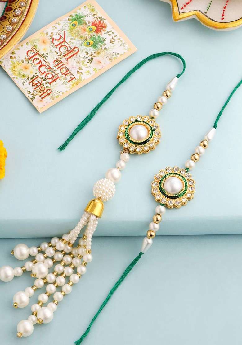 Set Of 2 White And Green Stone Studded Bhaiya Bhabhi Rakhi With Roli Chawal - Indya