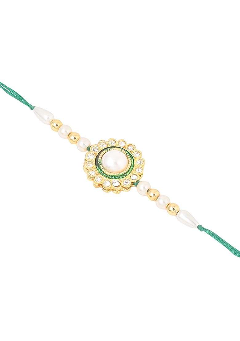Set Of 2 White And Green Stone Studded Bhaiya Bhabhi Rakhi With Roli Chawal - Indya