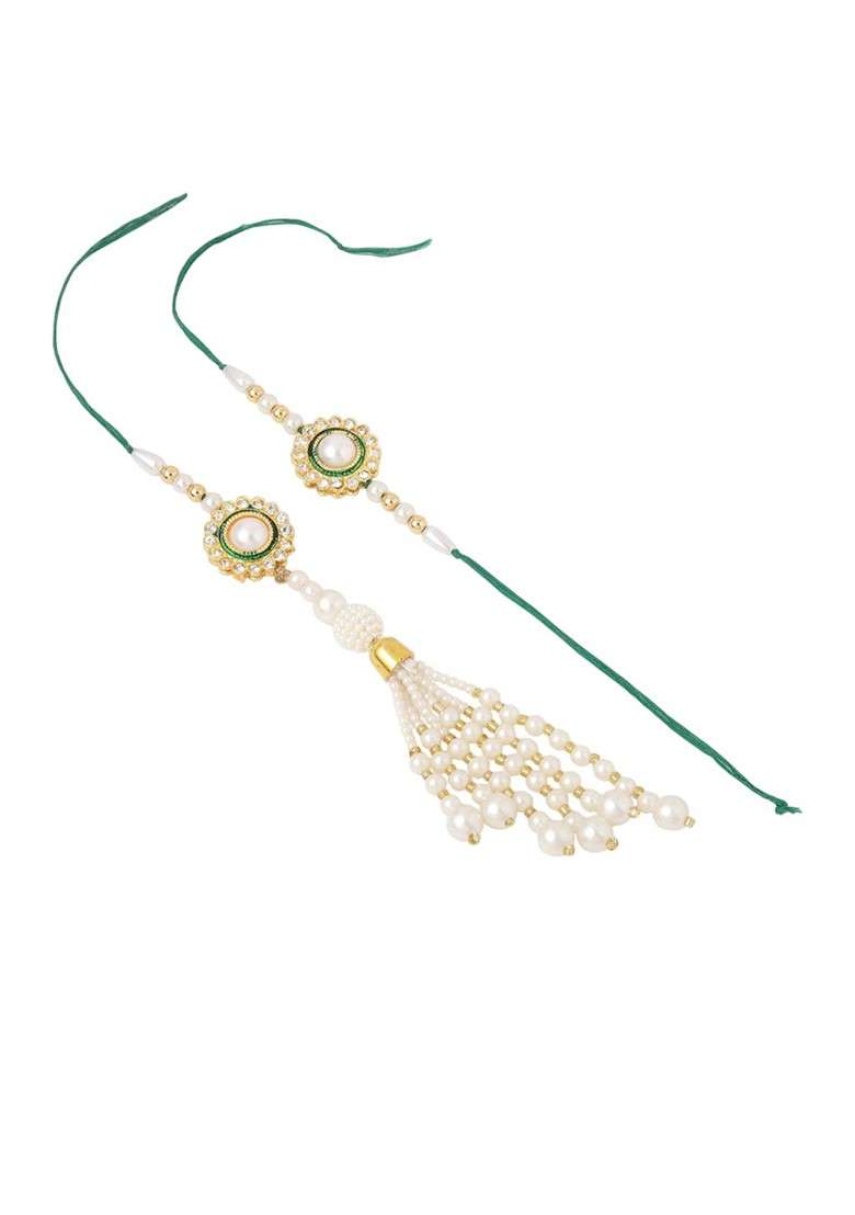 Set Of 2 White And Green Stone Studded Bhaiya Bhabhi Rakhi With Roli Chawal - Indya