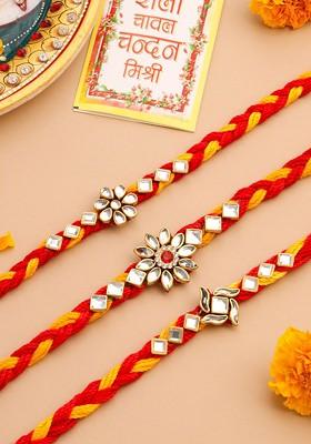 Men Set Of 3 Red And Yellow Kundan Studded Floral Design Rakhi With Roli Chawal