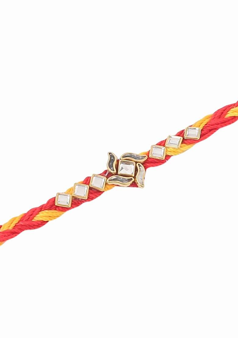 Men Set Of 3 Red And Yellow Kundan Studded Floral Design Rakhi With Roli Chawal - Indya