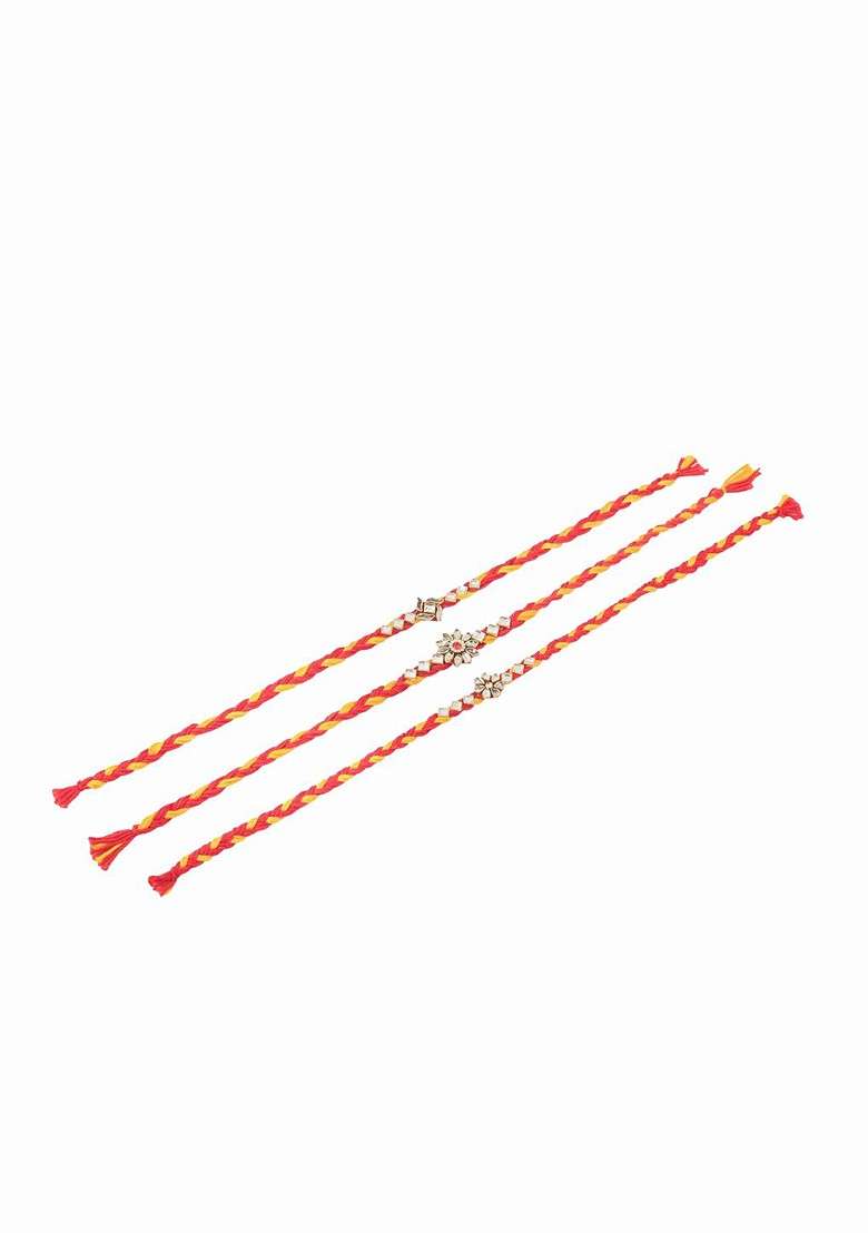Men Set Of 3 Red And Yellow Kundan Studded Floral Design Rakhi With Roli Chawal - Indya