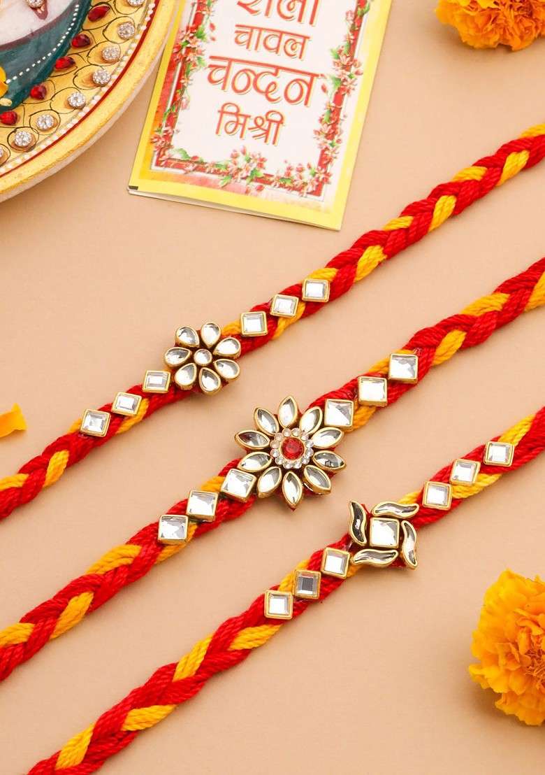 Men Set Of 3 Red And Yellow Kundan Studded Floral Design Rakhi With Roli Chawal - Indya
