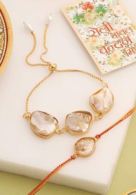 Set Of 2 Gold Toned Pearls Bhaiya Bhabhi Rakhi With Roli Chawal Chandan And Mishri