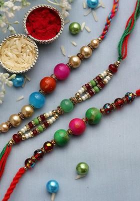 3 Pieces Multicoloured Beaded Thread Rakhi Set