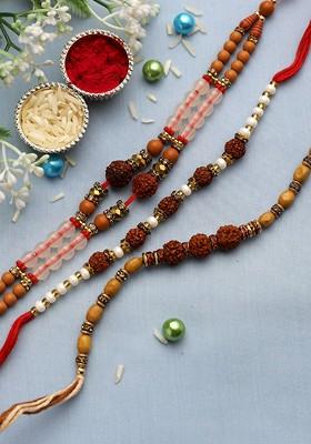 Set Of 3 Auspicious Rudraksh And Beads Rakhi With Roli Chawal And Card