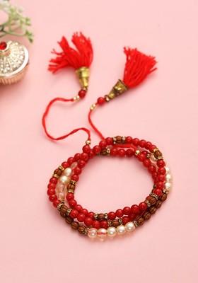 Brown And Red Pearl And Beads Bracelete Rakhi