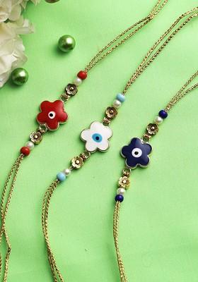 Set Of 3 Floral Evil Eye Thread Rakhi